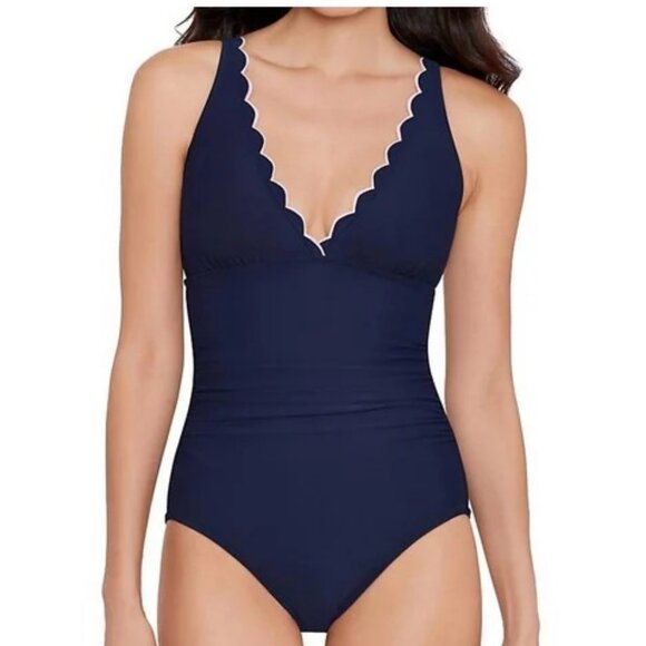 Draper James RSVP Women's Solid Double Scallop One Piece Swimsuit Navy - Picture 1 of 6